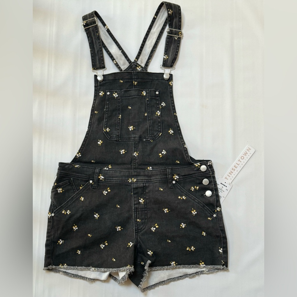 TINSELTOWN Concepts Black Denim Adjustable Floral Shortalls Juniors Large NWT!